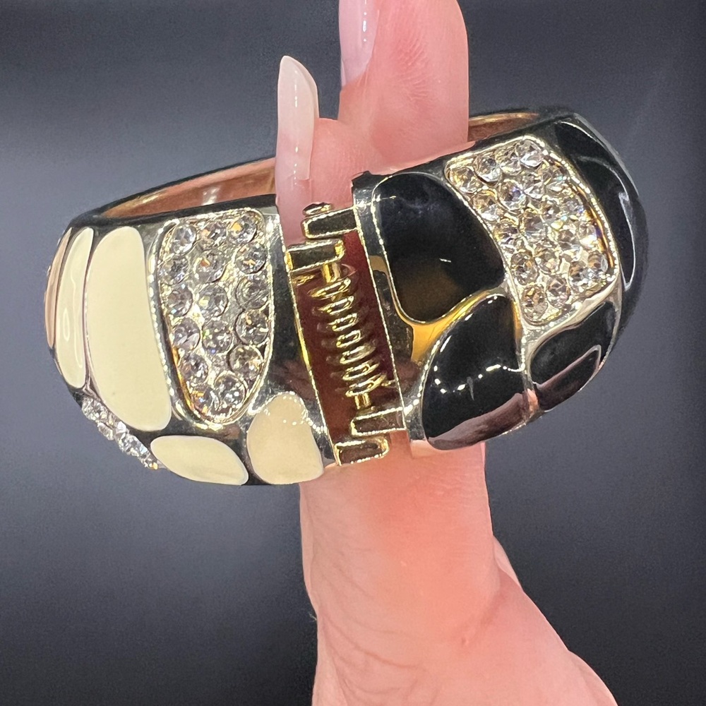 Gold Tone Geometric Shapes Bracelet w/ Rhinestones Black, Grey, & Cream Design - Picture 2 of 5